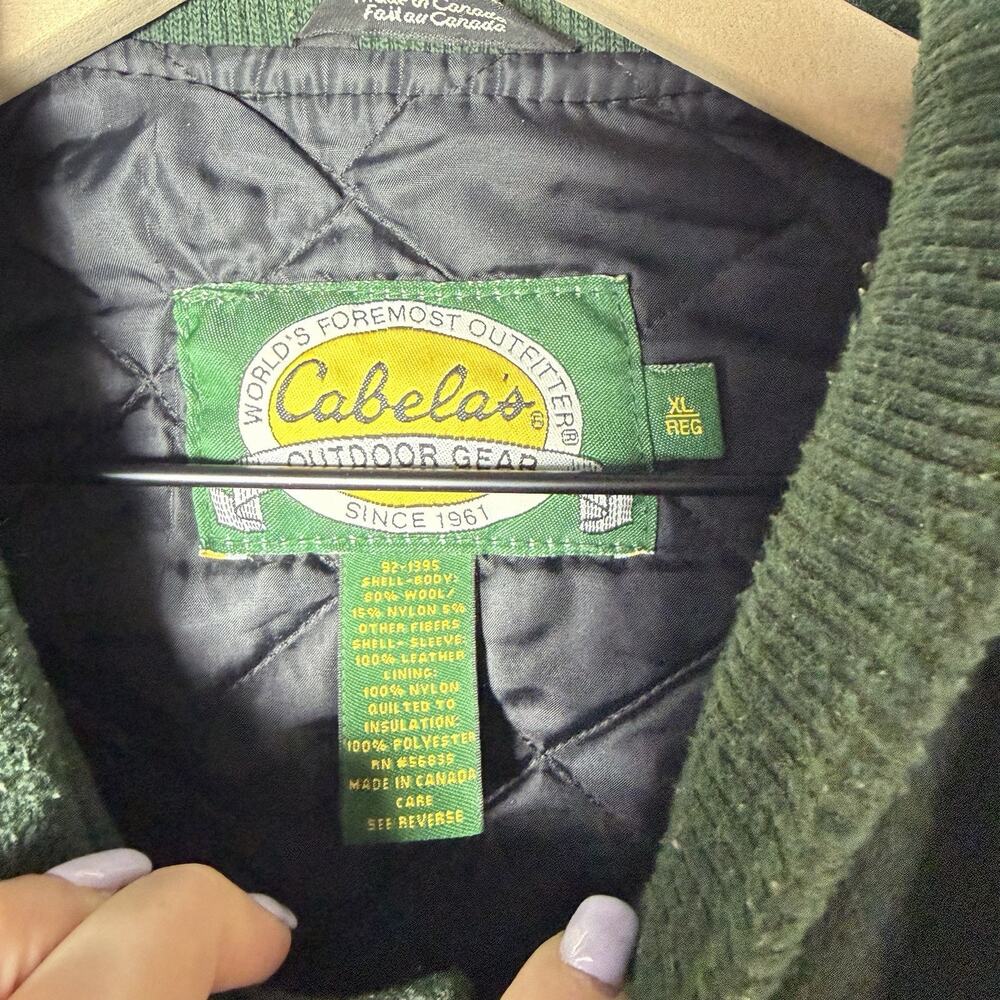 Vintage Cabela's Green Wool and Brown Leather Bomber Jacket Quilted Lining XL - Picture 5 of 16